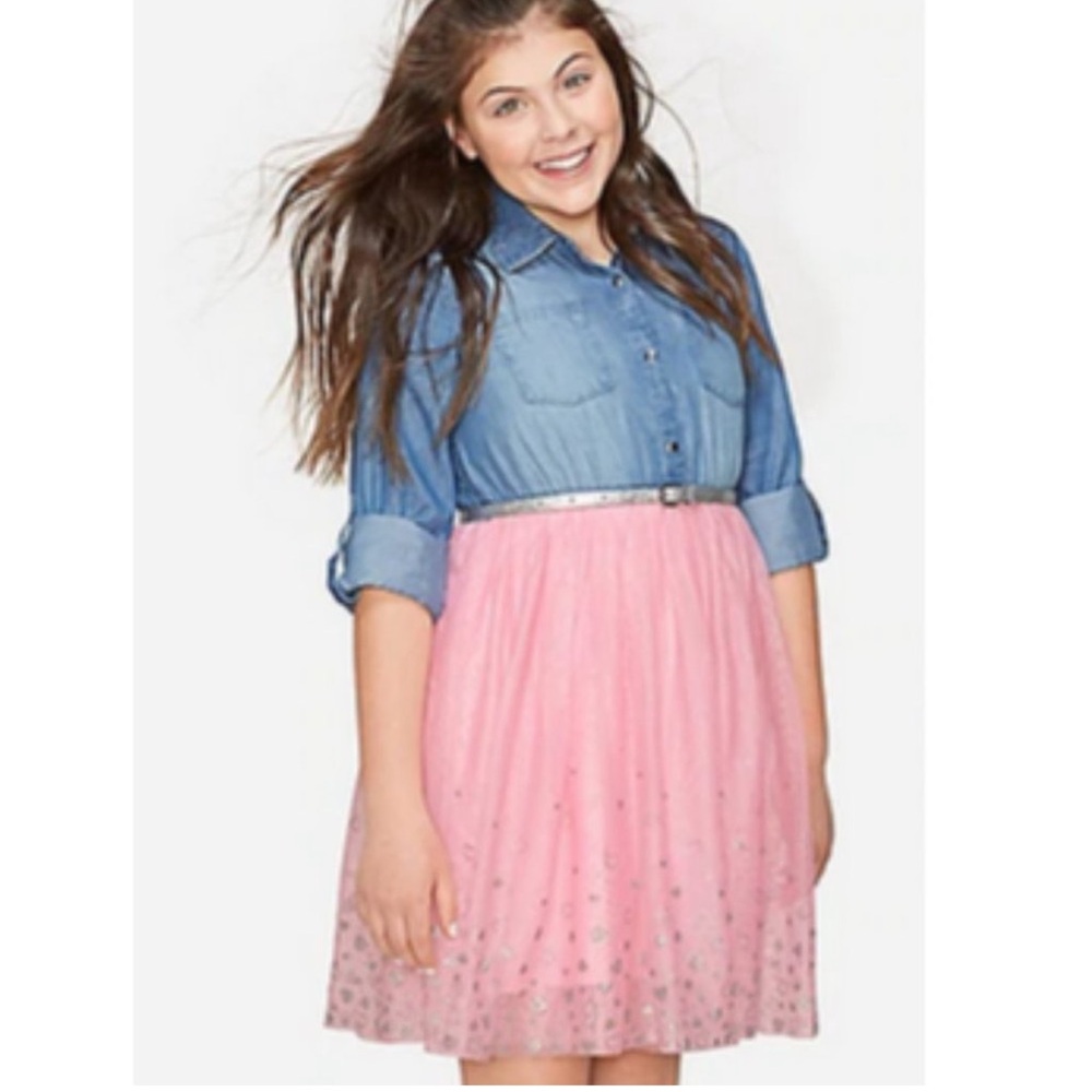 Girls Justice Denim Tulle Dress Sz 8 Sparkle Hearts Long Sleeve